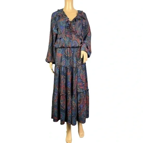 NWT Lauren Ralph Lauren Paisley Georgette Long Sleeve Dress Navy Multi Size 4 - Picture 6 of 10